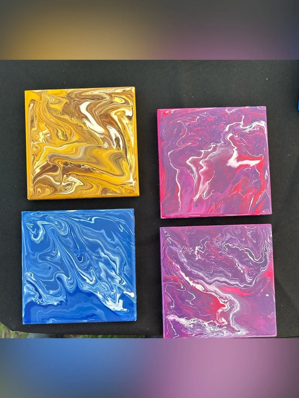 One Of A Kind 4 Set Abstract Fluid Art Coasters- Yellow, Blue, Pink, Purple